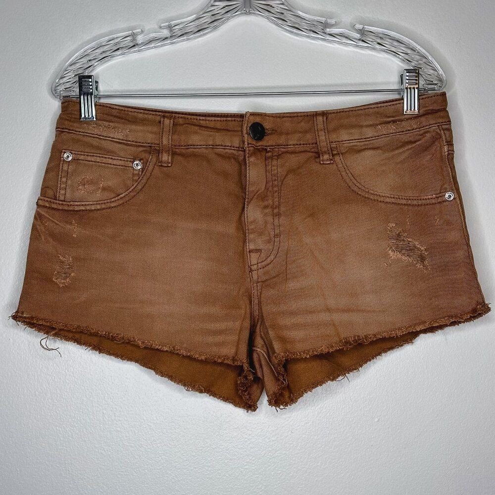 Free People Distressed Brown Orange Raw Hem Summer Shorts